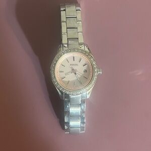 Fossil Silver Watch with Pink Dial and Crystal Bezel